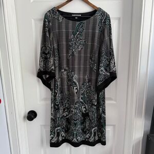 Studio One New York Womens 1X Paisley Plaid Shift Dress Teal Black 3/4 Sleeve